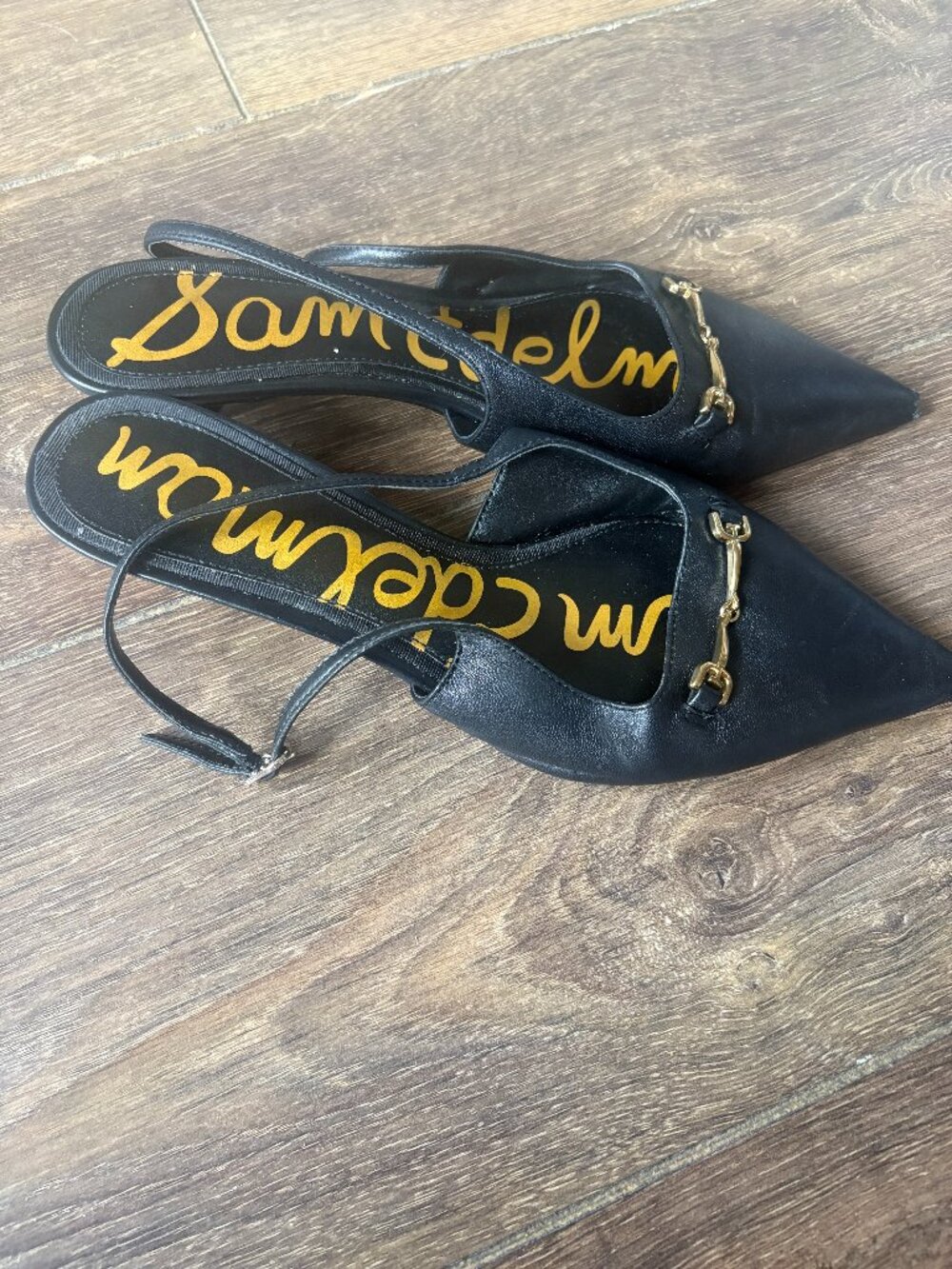 SAM EDELMAN Farrah Black Leather Pointed Toe Horsebit Slingback Kitten Heels 7.5